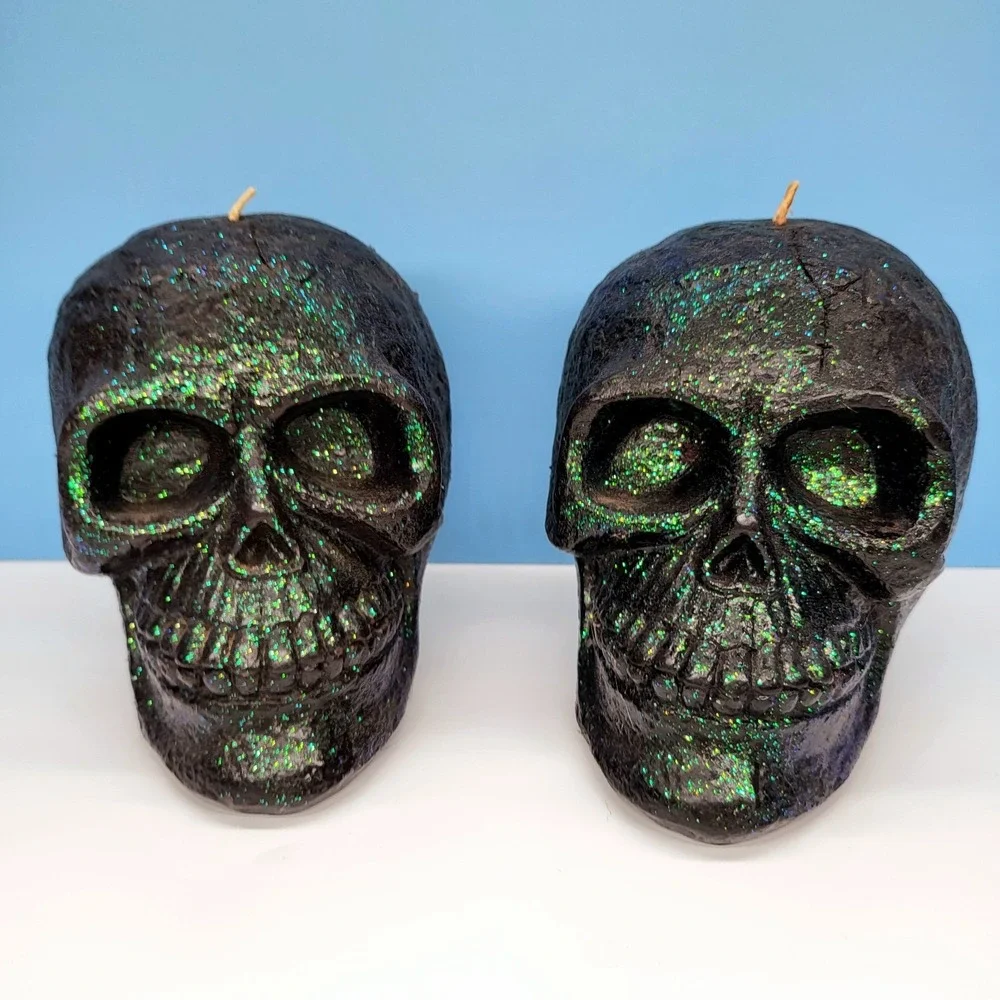 Halloween Skull Candles • Glitter Skull Candle Set • Green • 4.75